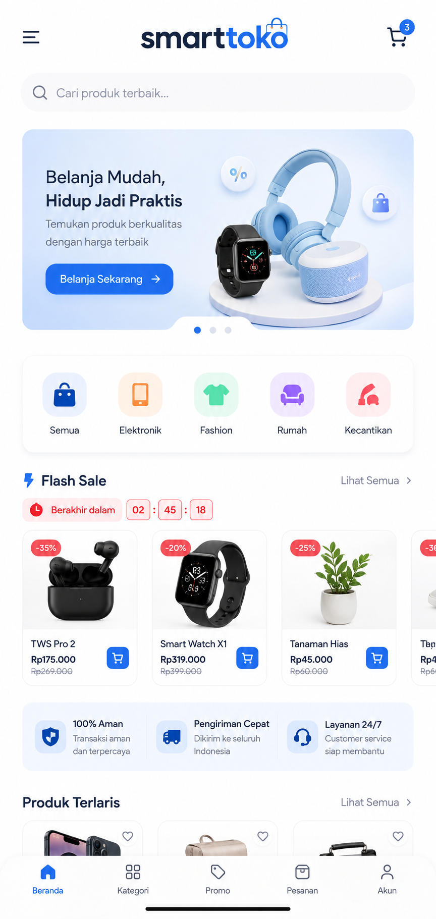 Tampilan SmartToko dengan katalog produk, kategori, dan flash sale