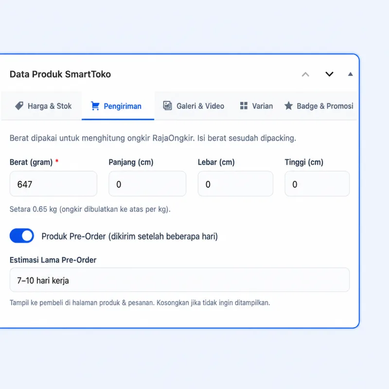 Screenshot panel admin SmartToko — Data Pengiriman per Produk
