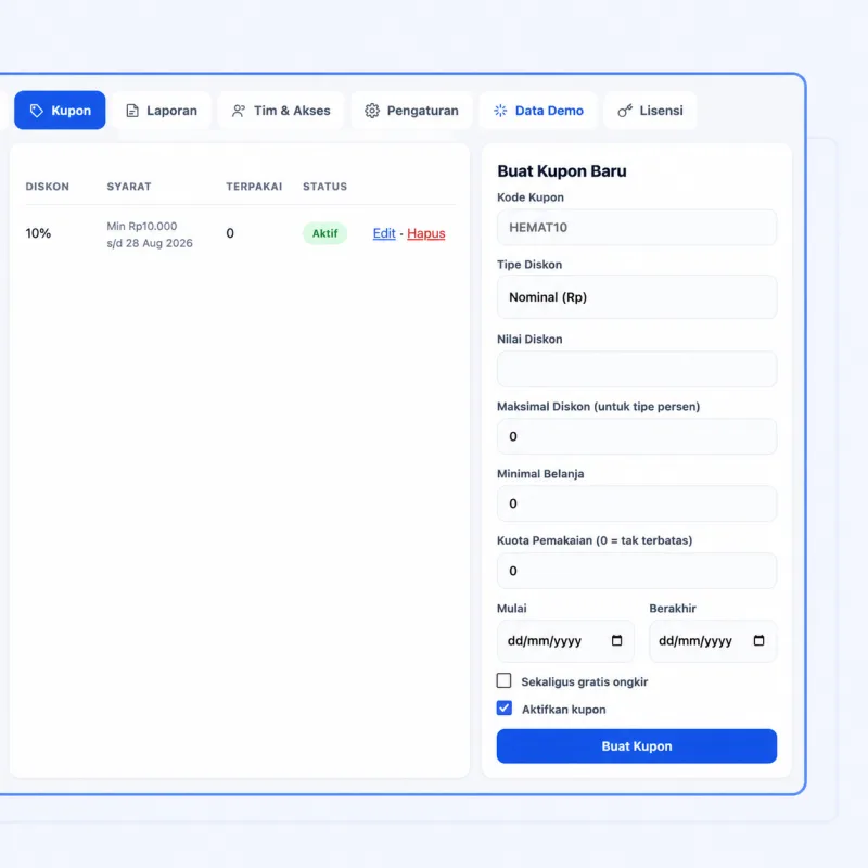 Screenshot panel admin SmartToko — Kupon & Diskon Otomatis