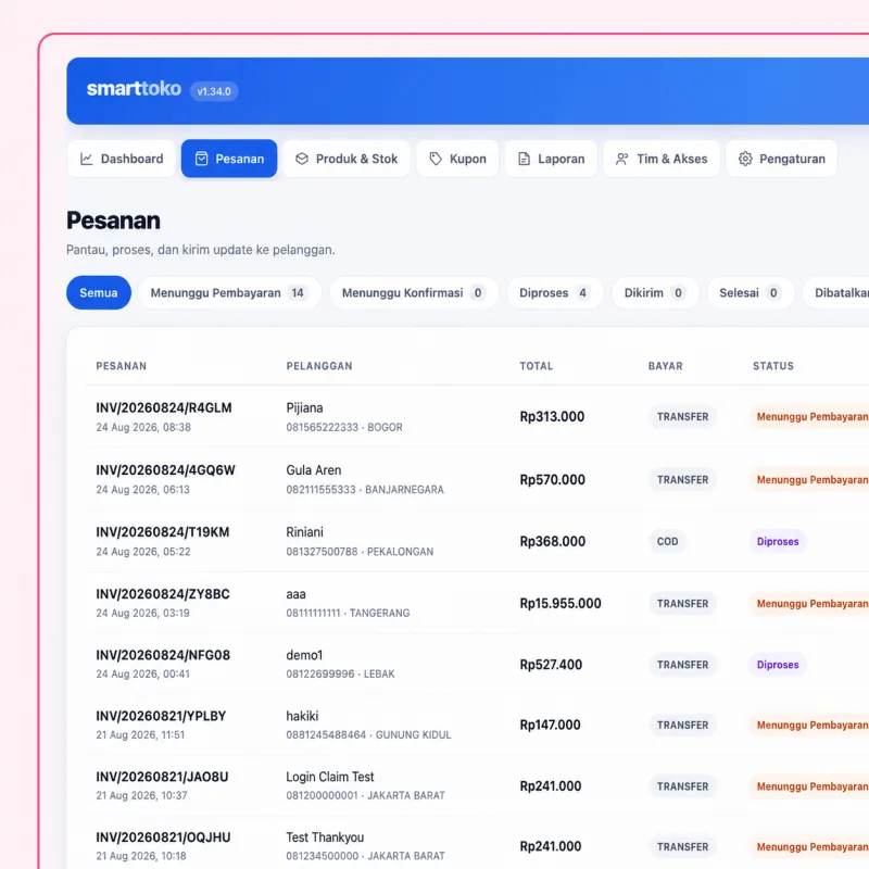 Screenshot panel admin SmartToko — Pantau Semua Pesanan