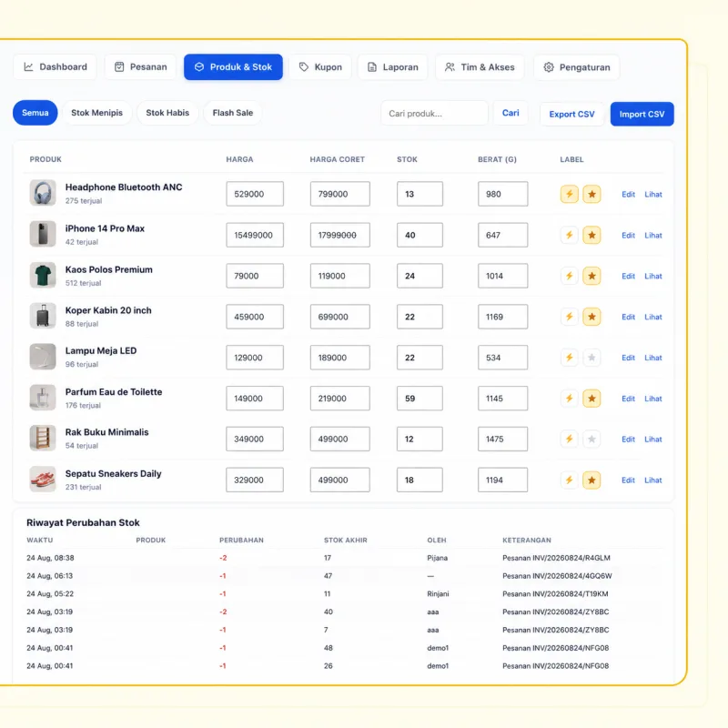 Screenshot panel admin SmartToko — Kelola Semua Produk dalam Satu Layar