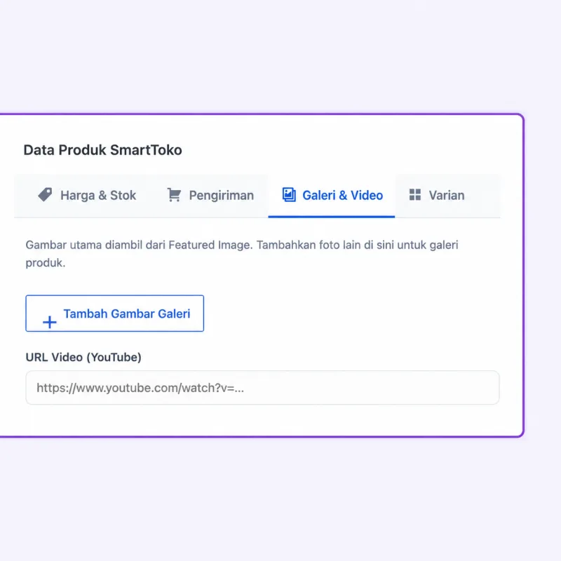 Screenshot panel admin SmartToko — Galeri Foto & Video Produk