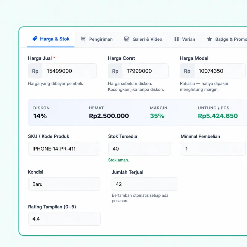 Screenshot panel admin SmartToko — Harga & Stok Selalu Akurat