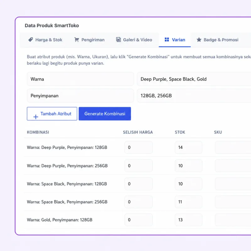 Screenshot panel admin SmartToko — Variasi Produk Fleksibel