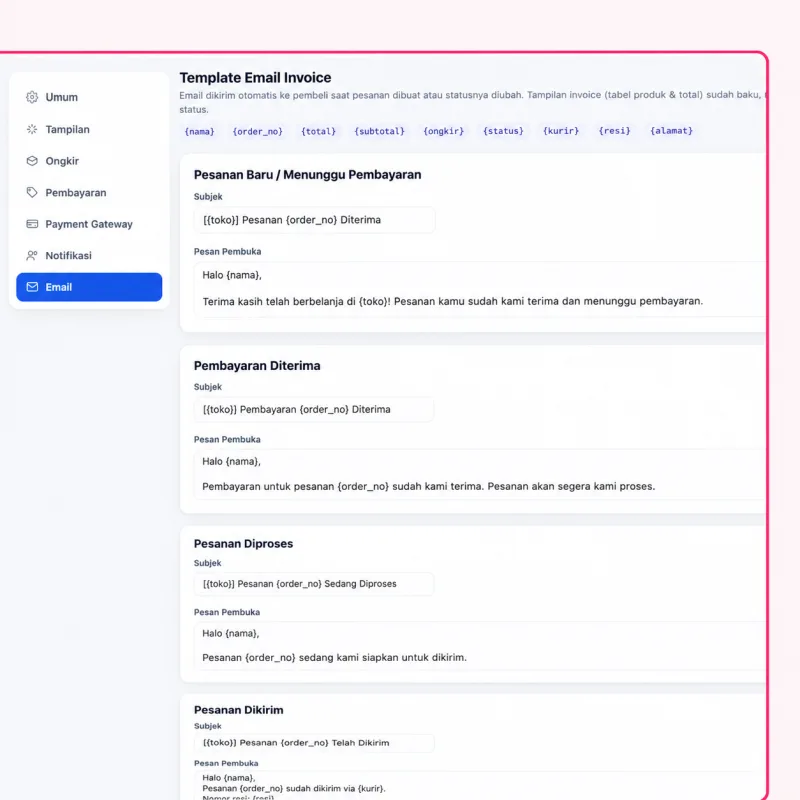 Screenshot panel admin SmartToko — Notifikasi Email Otomatis