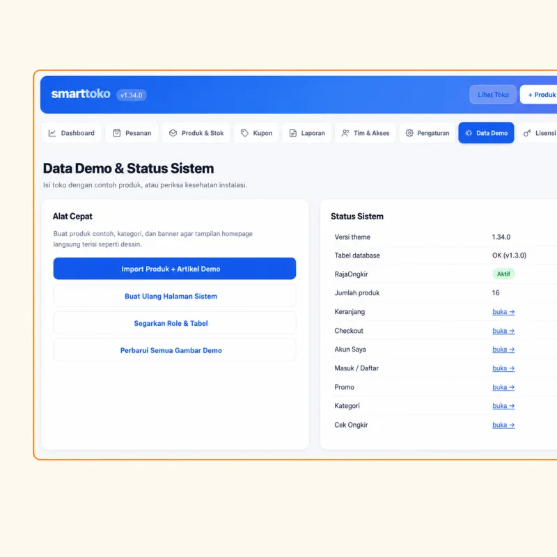Screenshot panel admin SmartToko — Import Data Demo Sekali Klik