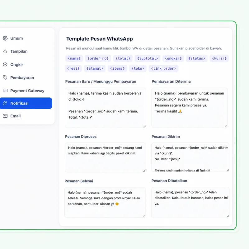 Screenshot panel admin SmartToko — Notifikasi WhatsApp Otomatis