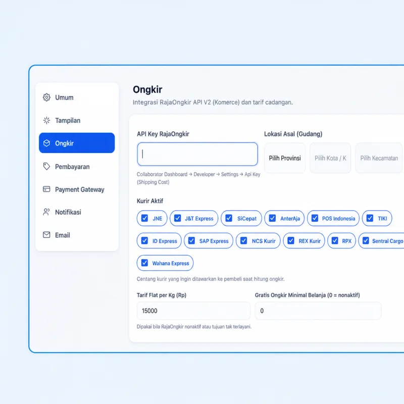 Screenshot panel admin SmartToko — Ongkos Kirim Otomatis