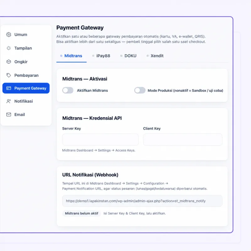 Screenshot panel admin SmartToko — Payment Gateway Siap Pakai