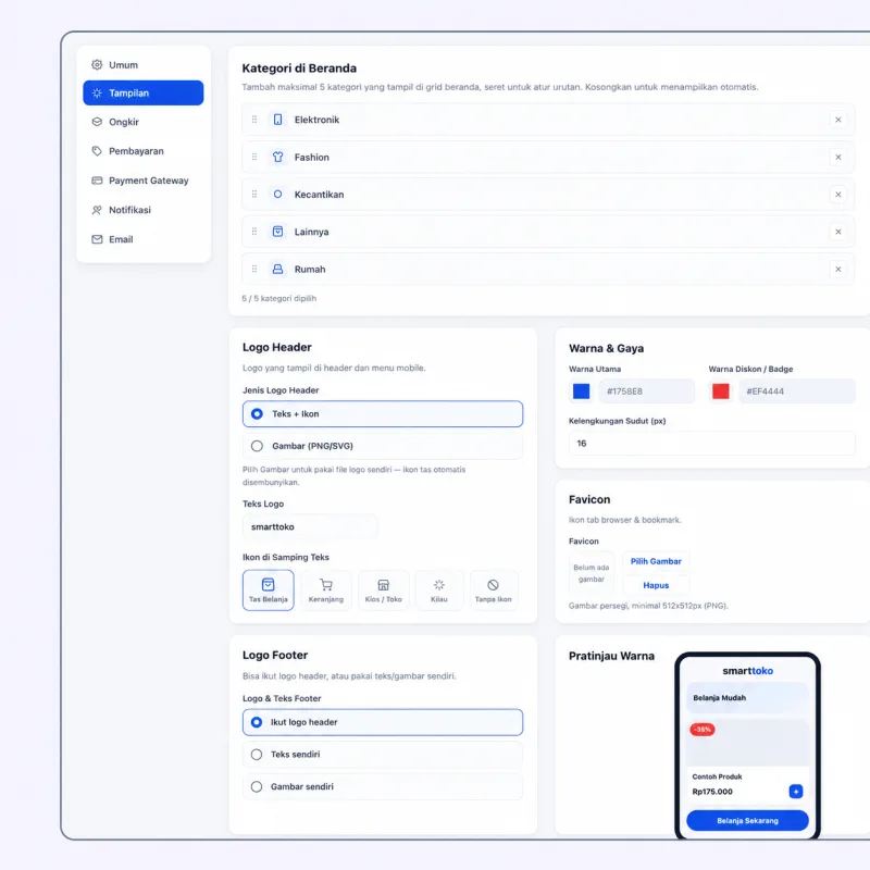 Screenshot panel admin SmartToko — Pengaturan Toko Sat-Set