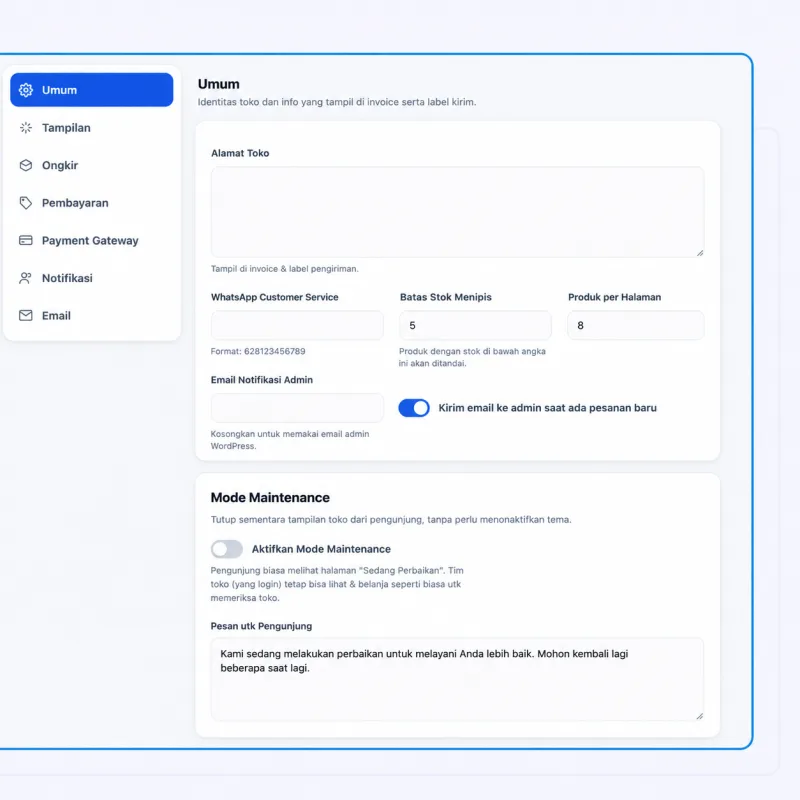 Screenshot panel admin SmartToko — Pengaturan Umum yang Fleksibel