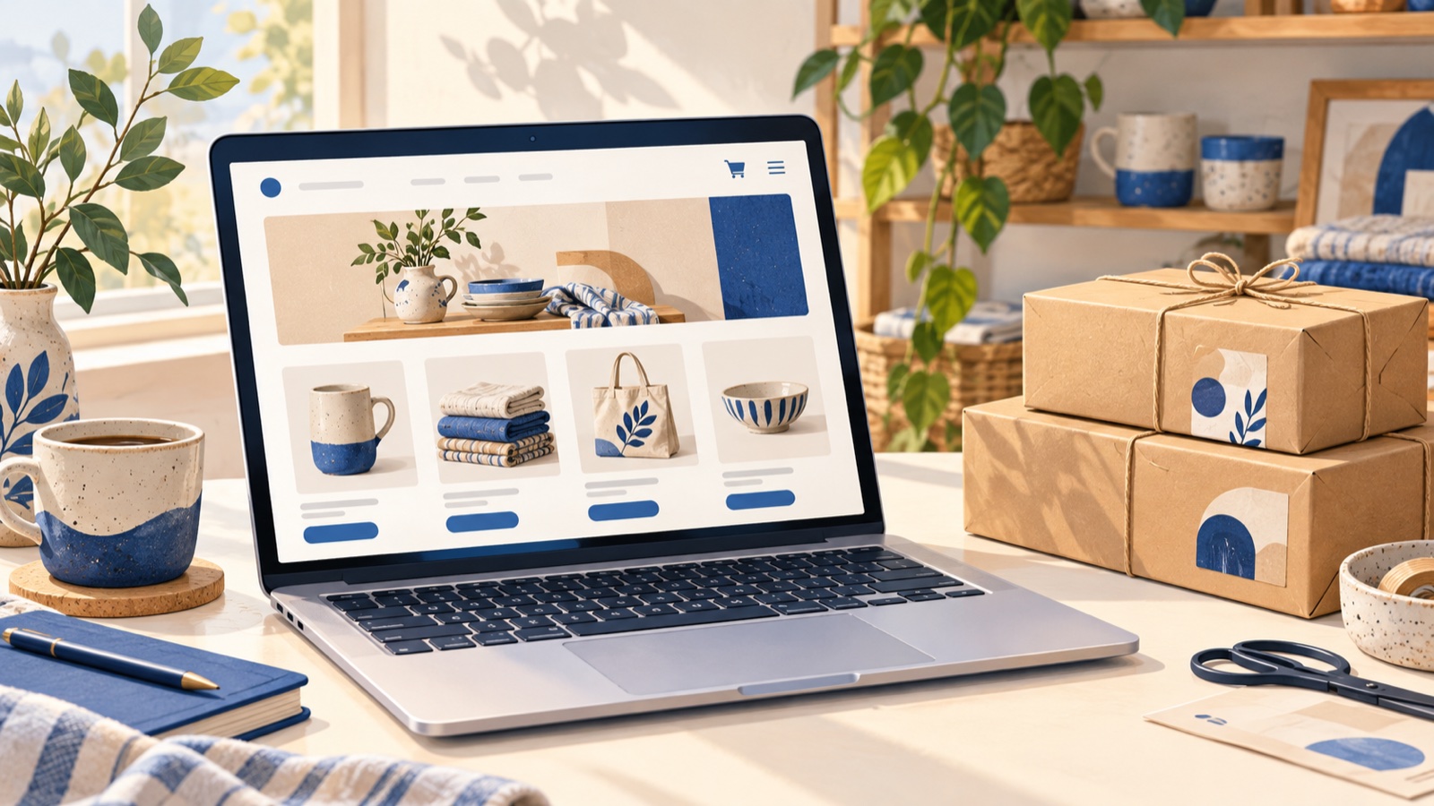 Ilustrasi laptop dengan katalog toko online dan paket pesanan di meja usaha kecil.